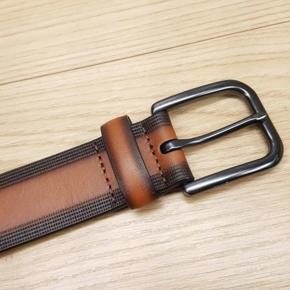 BLOOMINGDALES Belt Mens Size 30 Brown Pattern Edge Full Grain Leather